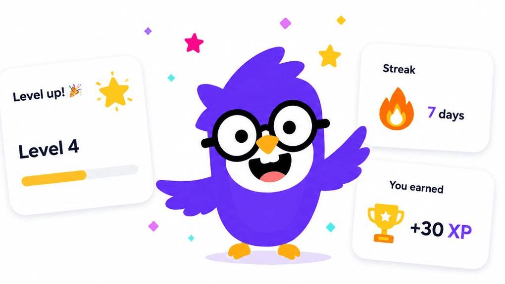Birdlin mascot with level, streak and XP reward cards