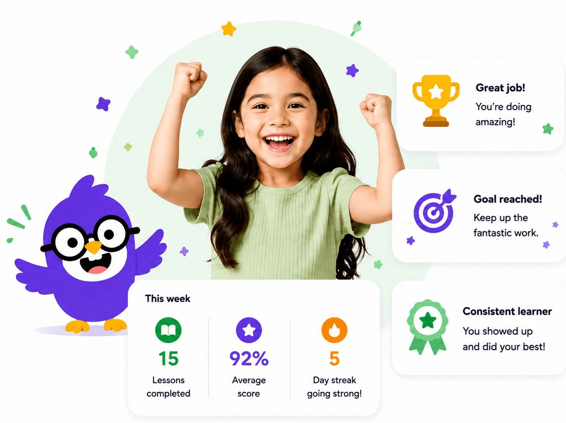 Celebrating child with Birdlin mascot, weekly stats and achievement cards