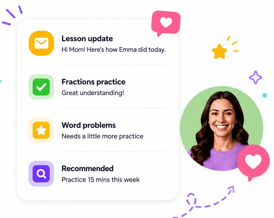 Parent lesson update card with tutor photo and heart badges