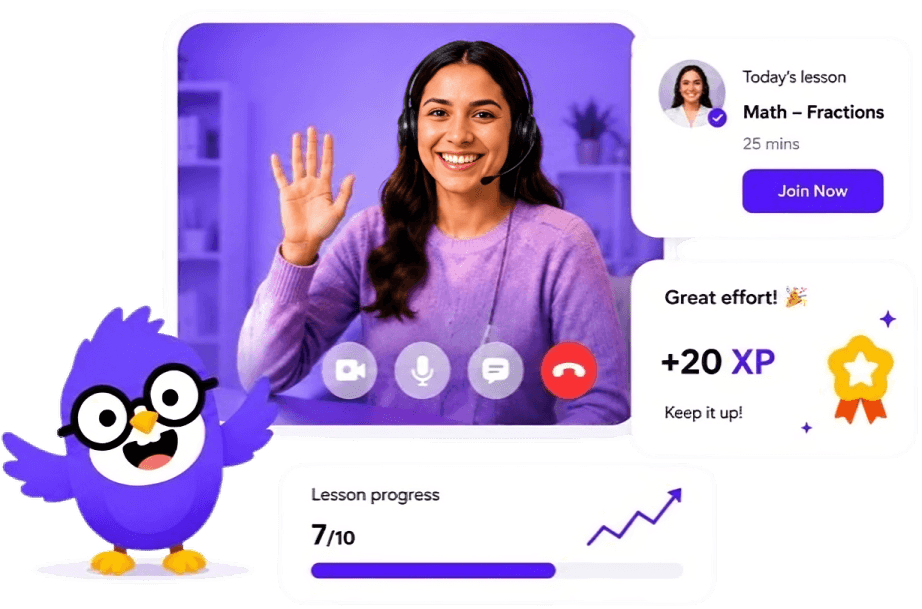 Live tutoring hero visual with tutor video, Birdlin mascot, lesson card, XP reward, and progress card